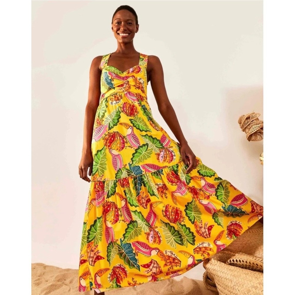 Farm Rio Yellow Beaks & Bananas Cotton Maxi Dress Small Tropical Toucan Tiered‎